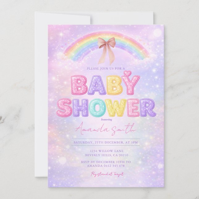 Convite Sparkle Glitter rainbow baby shower with Bow (Frente)