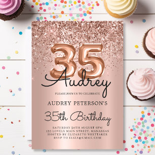 Convite Sparkle Glitter Rosa Dourado Balão 35º Aniversário