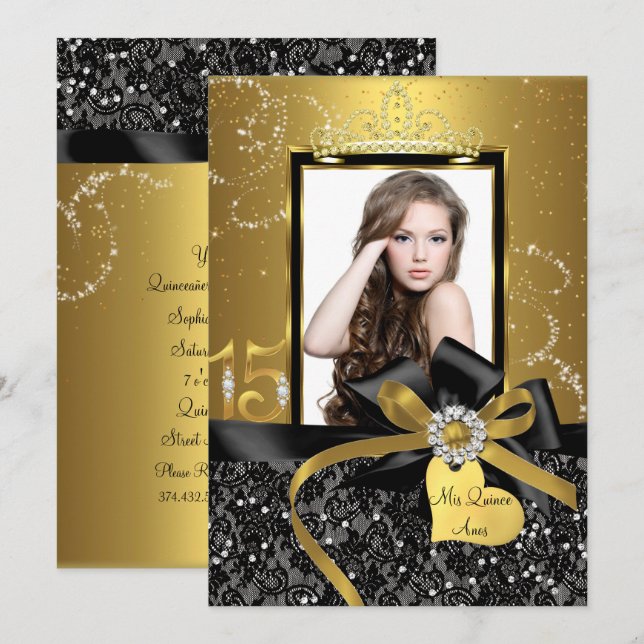 Convite Sparkle Gold Lace & Bow Photo Quinceanera (Frente/Verso)
