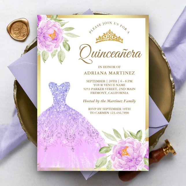 Convite Sparkle Gown Lilac Purple Floral Dourada Quinceane (Criador carregado)