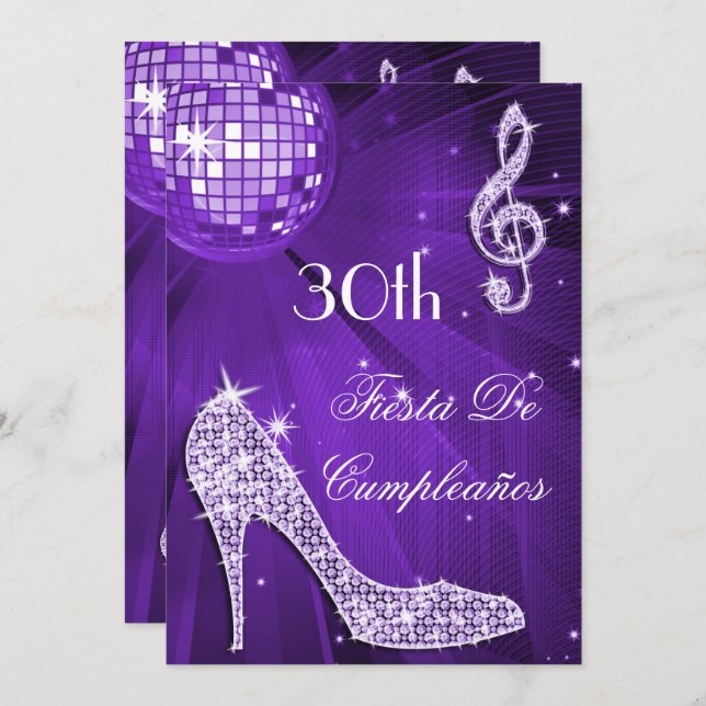 Convite Sparkle Heels Purple Disco Ball 30th Birthday (Frente/Verso)