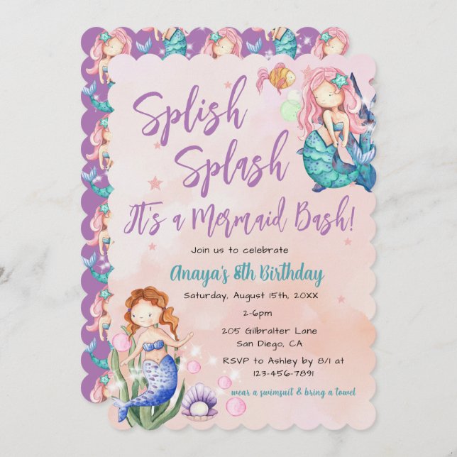 Convite Sparkle Mermaid Bash Birthday (Frente/Verso)