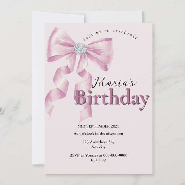 Convite Sparkle Pink Coquette Bow 1st (Frente)