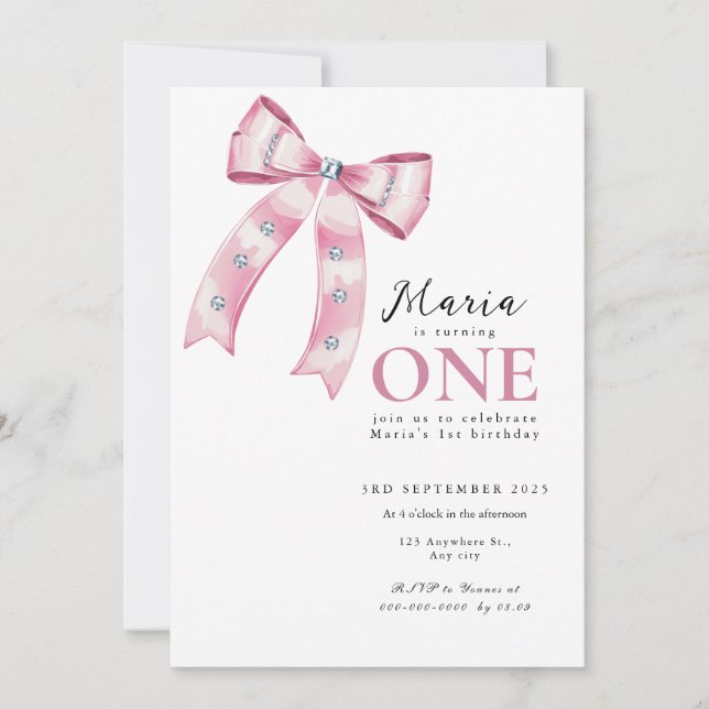 Convite Sparkle Pink Coquette Bow 1st (Frente)