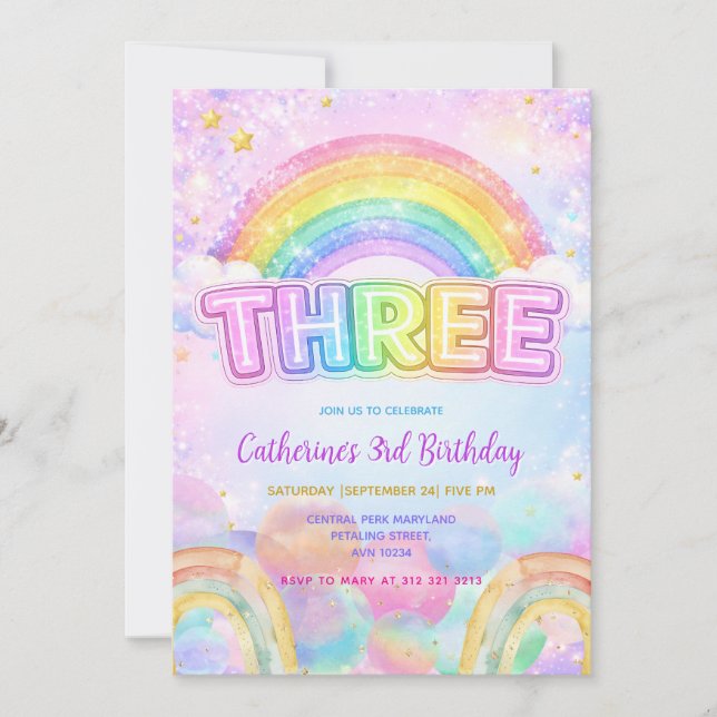 Convite Sparkle Rainbow 3rd Birthday Party (Frente)