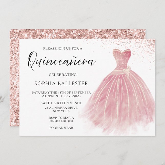 Convite Sparkle Rosa Dourado Blush Gown Quinceanera (Frente/Verso)