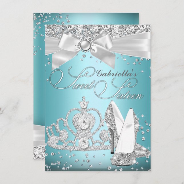 Convite Sparkle Tiara &amp; Heels Doce 16 Azul (Frente/Verso)