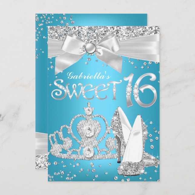 Convite Sparkle Tiara Heels Sweet 16 Invite Azul (Frente/Verso)