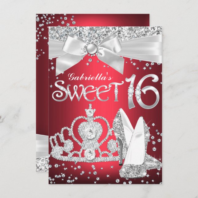 Convite Sparkle Tiara Heels Sweet 16 Invite Red (Frente/Verso)