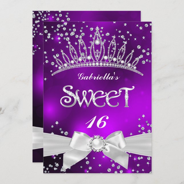 Convite Sparkle Tiara Sweet 16 partido roxo (Frente/Verso)
