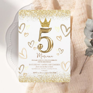 Convite Sparkles Dourado Princesa Coroa 5 Aniversário