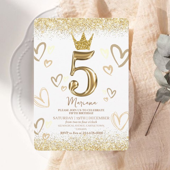 Convite Sparkles Dourado Princesa Coroa 5 Aniversário (Criador carregado)