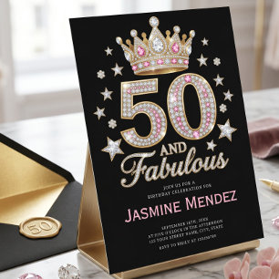 Convite Sparkling Black Pink Glam 50 & Fabuloso Aniversári