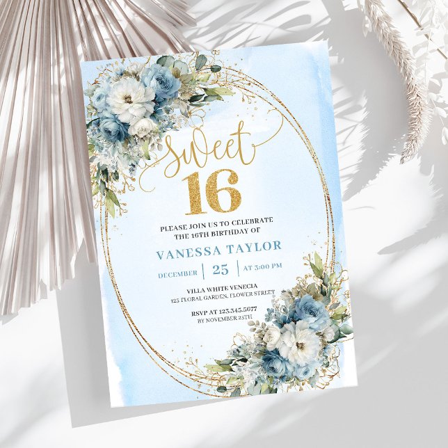 Convite Sparkling Dusty Blue Greenery Sweet Sixteen Invite (Sparkling Dusty Blue Greenery Sweet Sixteen Invite Design)