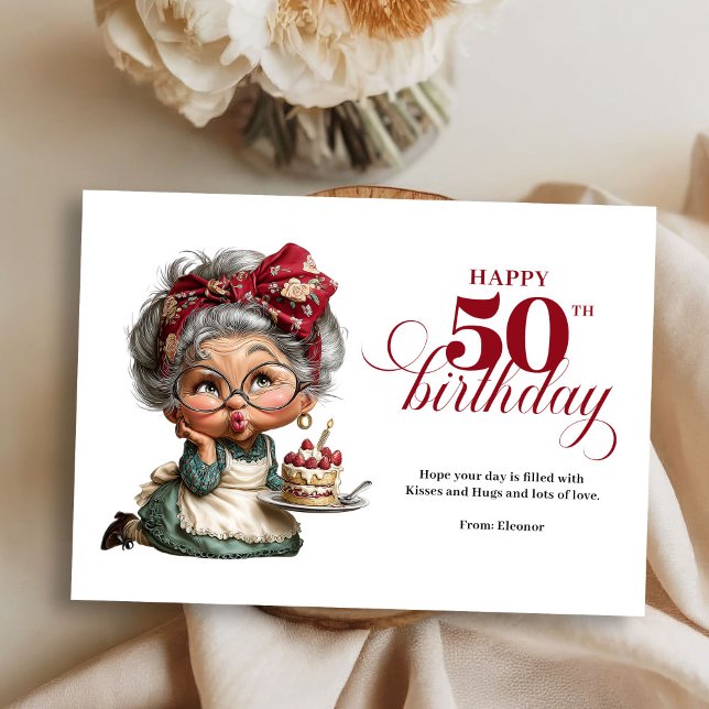 Convite Sparkling Funny 50th Quirky Birthday Lady Card (funny 50th birthday, 
trendy colors burgundy red, 
greeting card,
whimsical humor,
quirky, 
personal)