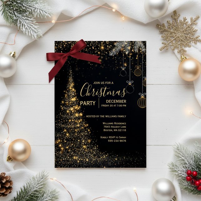 Convite Sparkling Gold Christmas Tree Invitation (Magical Holiday Celebration)