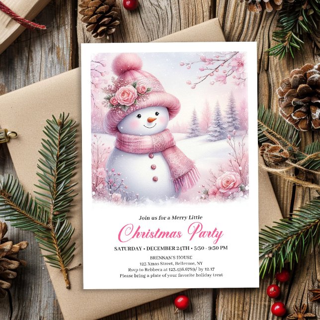Convite Sparkling Pink Snowman Kids Christmas Invite Digit (Sparkling Pink Snowman Kids Christmas Invite Digital File)