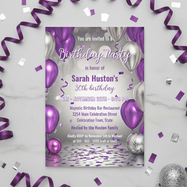 Convite Sparkling Purple and Silver 30th Birthday Party (Criador carregado)