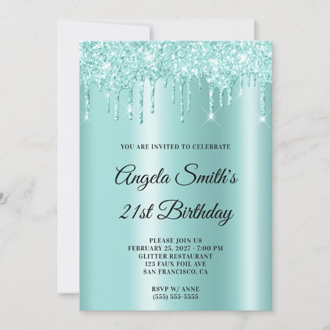 Convite Sparkly Glittery Drips Light Teal Ombre (Frente)