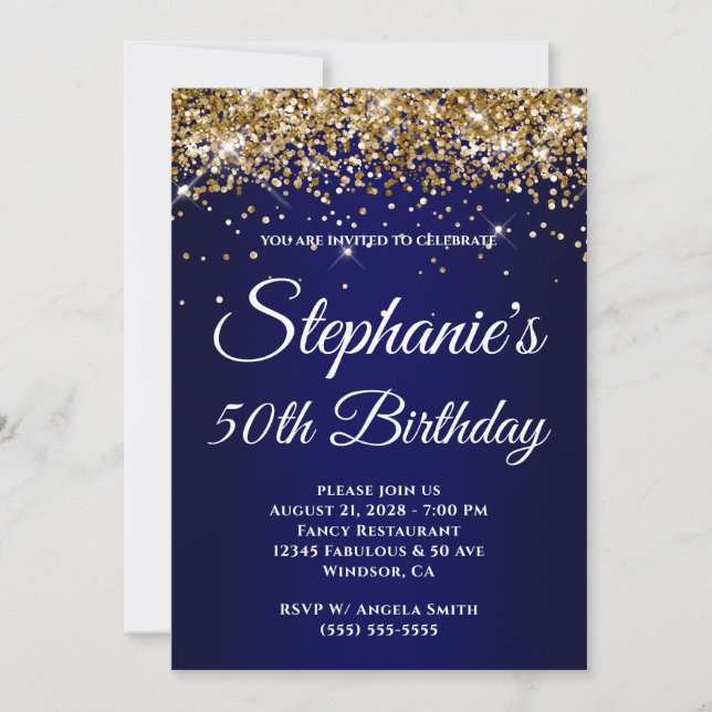 Convite Sparkly Gold Glitter Navy Gradient 50th Birthday (Frente)