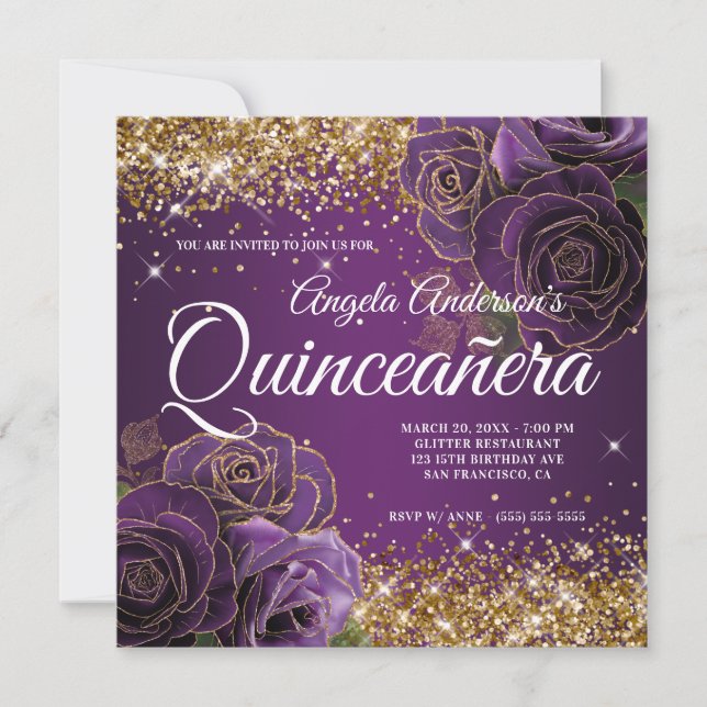 Convite Sparkly Gold Glitter Rosa Roxa Quinceañera (Frente)