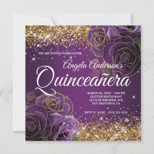 Convite Sparkly Gold Glitter Rosa Roxa Quinceañera