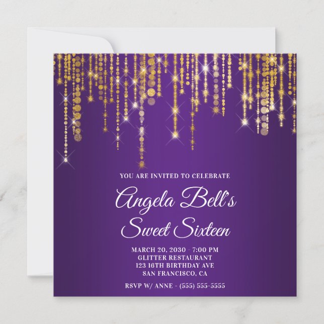 Convite Sparkly Gold Lights Royal Purple Sweet Sixteen (Frente)