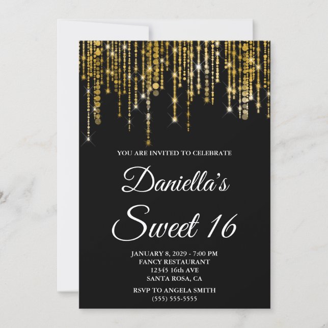 Convite Sparkly Gold String Lights Black Sweet 16 (Frente)