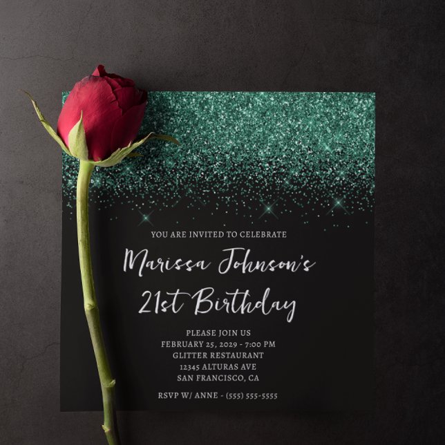 Convite Sparkly Hunter Green Glitter aniversário de 21 ano (Sparkly Hunter Green Glitter Black 21st Birthday Invitation)