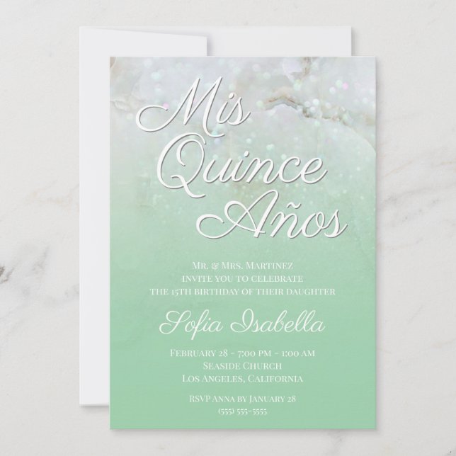 Convite Sparkly Marble Mint Green Ombre Mis Quince Años (Frente)