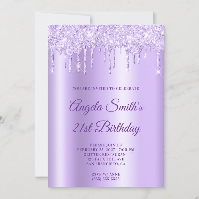 Convite Sparkly Pale Purple Glitter Drips Lavender Ombre (Frente)