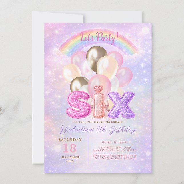 Convite Sparkly Rainbow Glitter Six Balloon Birthday (Frente)