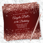 Convite Sparkly Rose Gold Glitter Dark Red 80th Birthday<br><div class="desc">An elegant monogrammed 80th birthday invitation for her. Faux sparkly rose gold glitter girly glam against a dark red and burgundy ombre graphic image. The fancy classic flourish calligraphy monogram on the backside can be customized. A great birthday party invite for your grandma. All the sparkle and pinkish glittery elements...</div>