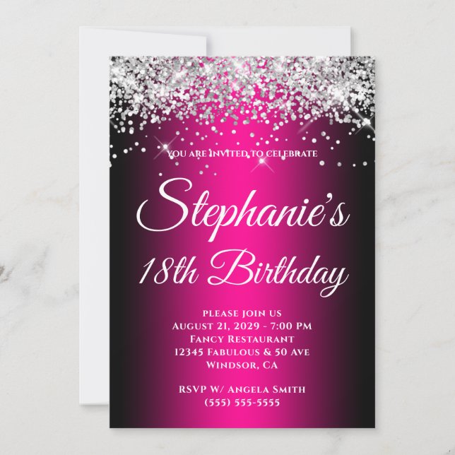 Convite Sparkly Silver Glitter Black Magenta 18th Birthday (Frente)