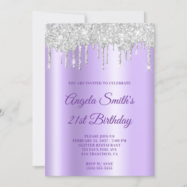 Convite Sparkly Silver Glitter Drips Lavender Ombre (Frente)