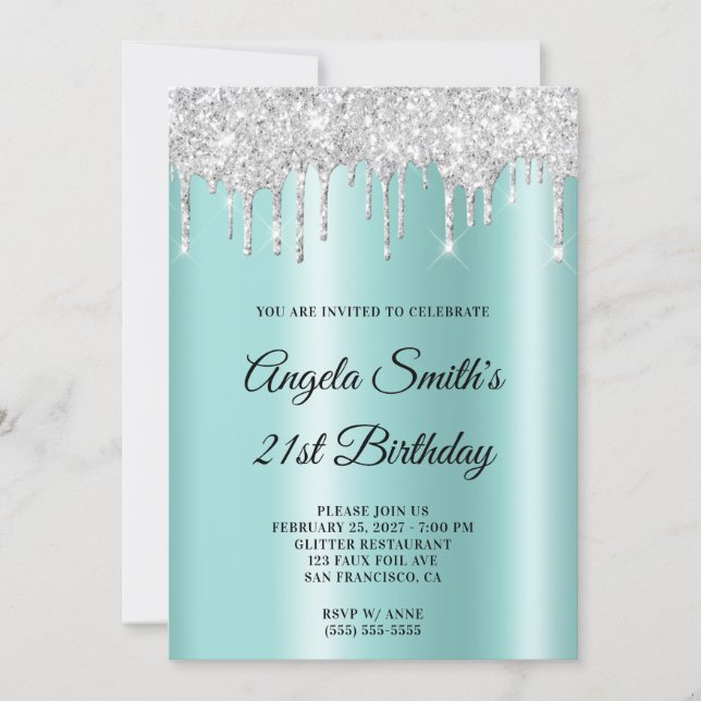 Convite Sparkly Silver Glitter Drips Light Teal Ombre (Frente)