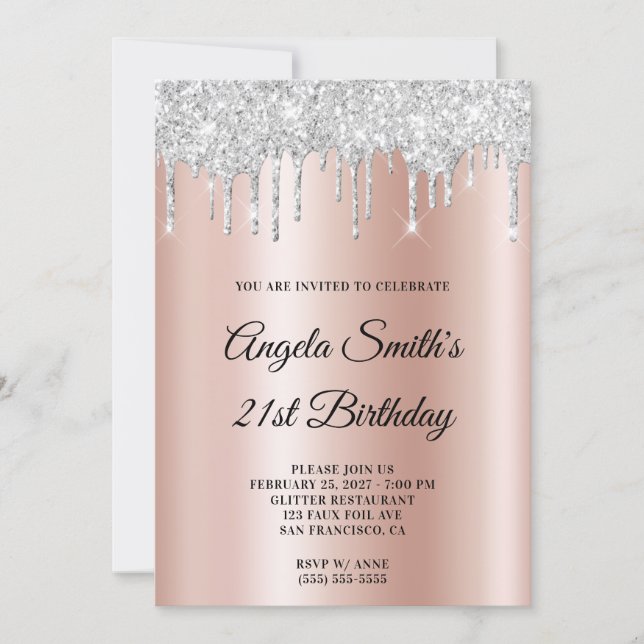 Convite Sparkly Silver Glitter Drips Rose Gold Ombre (Frente)
