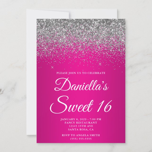 Convite Sparkly Silver Glitter Hot Pink Gradient Sweet 16 (Frente)