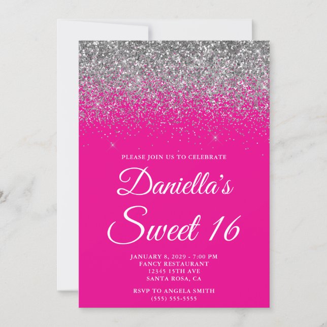 Convite Sparkly Silver Glitter Hot Pink Sweet 16 (Frente)