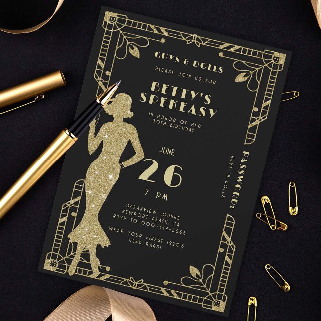Convite Speakeasy Flapper Roaring 20s Gatsby Dourado Birth (speakeasy gatsby roaring 20s birthday party invitation gold black deco nouveau frame flapper dance)