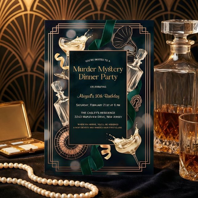 Convite Speakeasy Murder Mystery Dinner Birthday Party (Speakeasy Murder Mystery Birthday – Art Deco Black & Gold, Champagne, Personalized)