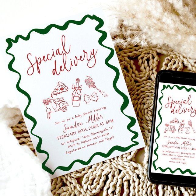 Convite Special Delivery Pizza Baby Shower Italian (Special Delivery Italian baby shower invitation)