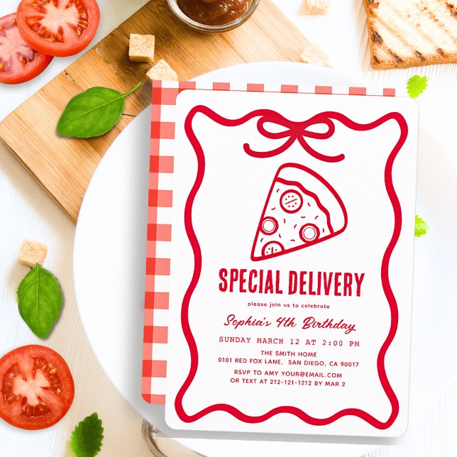 Convite Special Delivery Red Hand-drawn Pizza Birthday (Criador carregado)
