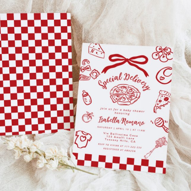 Convite Special Delivery Whimsical Bow Pizza Baby Shower (Criador carregado)