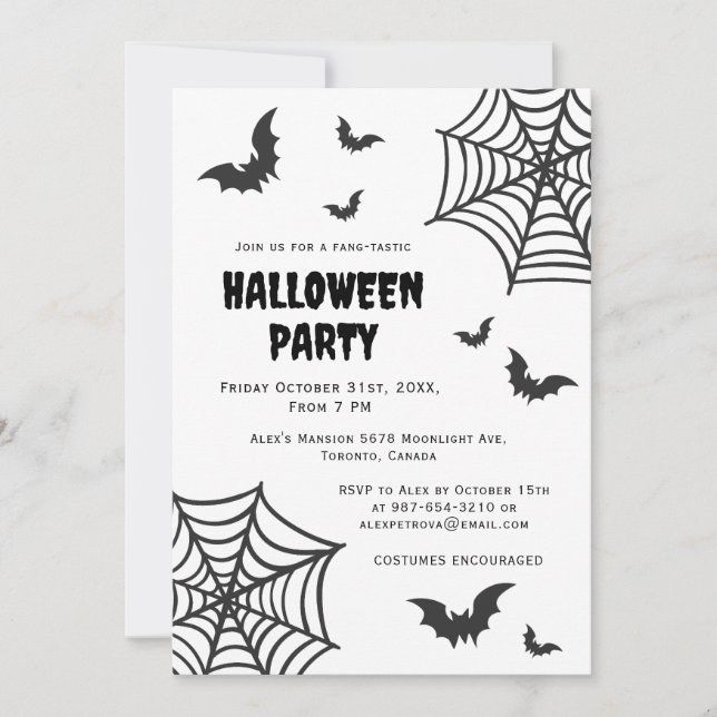 Convite Spider Web Bat Spooky Black White Halloween Party (Frente)