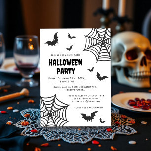 Convite Spider Web Bat Spooky Black White Halloween Party