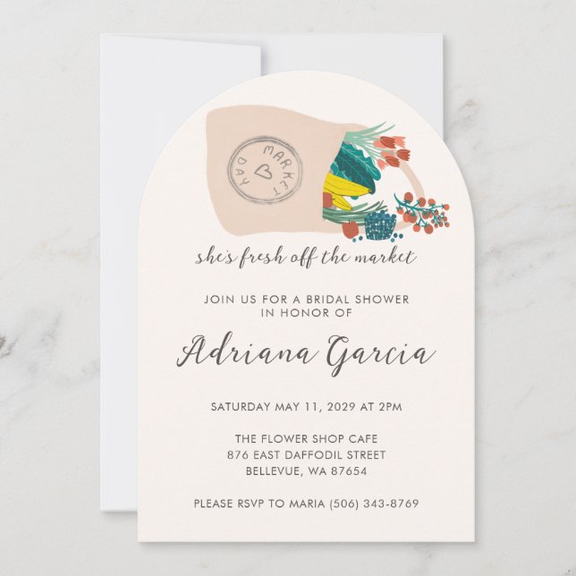 Convite Spilled Tote FRESH OFF MARKET Arch Bridal Shower (Frente)