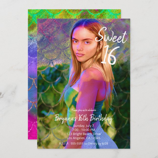 Convite Splash de Cores Foto Smermaid Festa Sweet 16 (Frente/Verso)