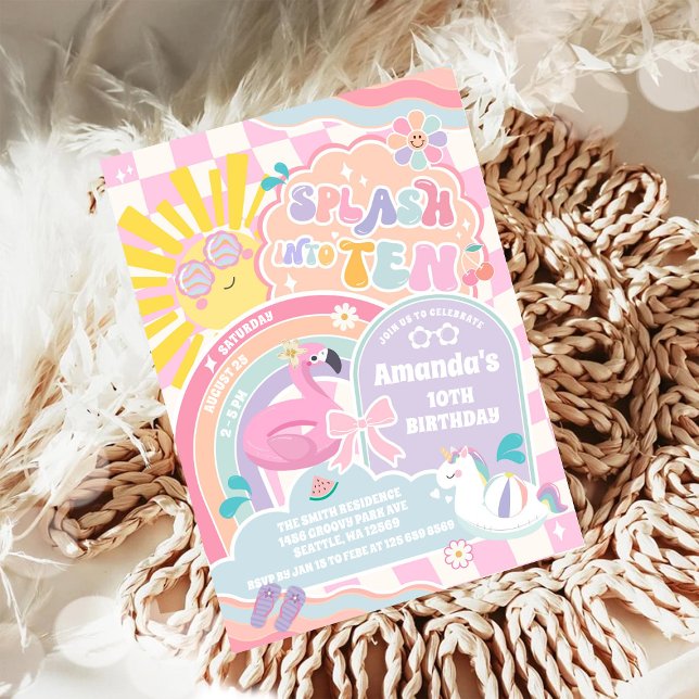 Convite Splash in to Ten Retro Groovy Daisy 10th Birthday  (Criador carregado)