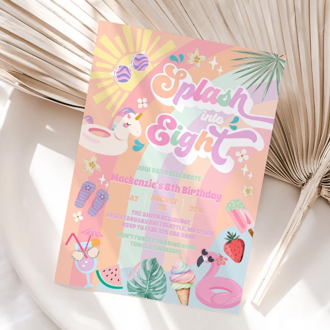 Convite Splash Into Eight Summer Rainbow Sun 8th Birthday  (Criador carregado)